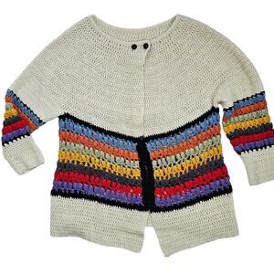 Handmade crocheted cream cardigan multi stripes grandma boho folklore